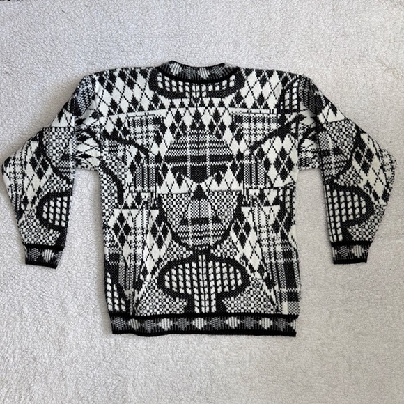 Vintage 90s Y2K Brittony Brand Geometric Intarsia Knit Sweater Black White USA - Picture 4 of 5